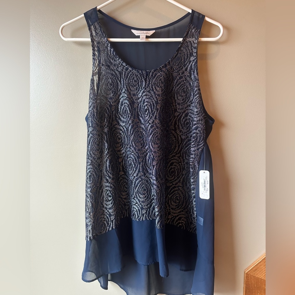 Charming Charlie navy blue & silver rose blouse tank. Size Medium. NWT